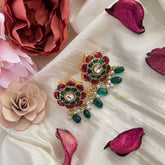 Vriksham Floral Stud Earring-Red Green & White-Pearls-Green Beads-J3176